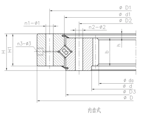 內(nèi)齒式交叉滾子轉盤軸承結構尺寸圖